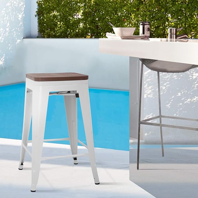FDW Metal Bar Stools Counter Height Barstool Stackable Barstools Indoor Outdoor Patio Bar Stool Home Kitchen Dining Stool Backless Bar Chair (White with Wood, 24") FDW