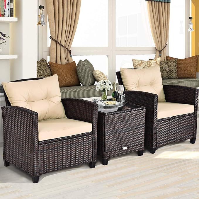 Tangkula 3 Pieces Patio Furniture Set, PE Rattan Wicker 3 Pcs Outdoor Sofa Set w/Washable Cushion and Tempered Glass Tabletop, Conversation Furniture for Garden Poolside Balcony (Beige) TANGKULA