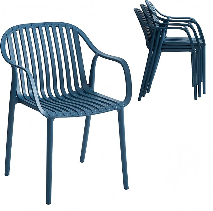 Modern Stackable Outdoor & Indoor Plastic Dining Chairs Set, Armchairs Set, Weather-Resistant, Ideal for Patios, Cafes, and Home Use, Set of 4 (Blue) XDECO