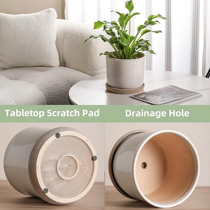 8 Inch Plant Pot: Ceramic Planter with Drainage Hole & Saucer for Indoor Outdoor Plants - Flowerpot with Bonded Tray for Home Office - Retro Style, Grey Chubacoo