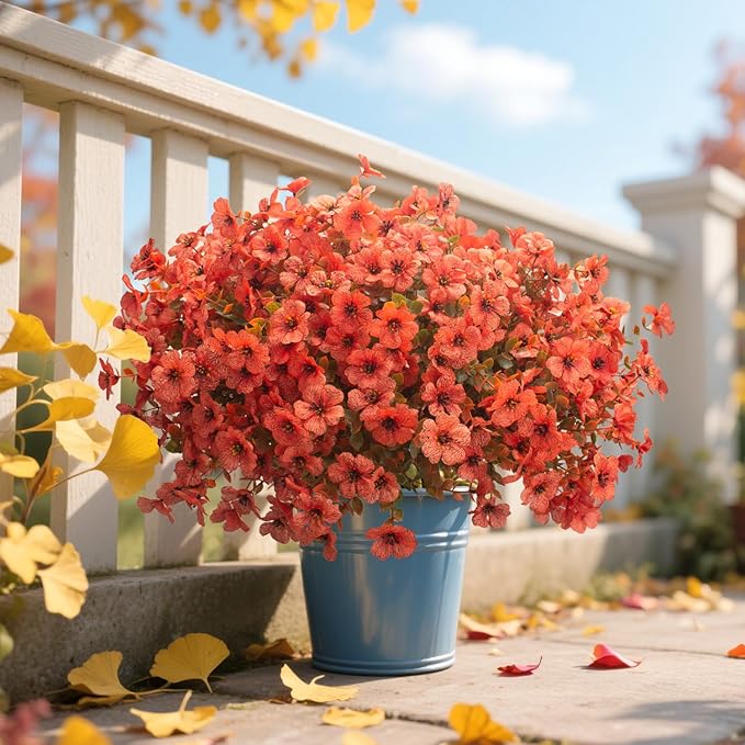 Fall Outdoor Artificial Flowers 16 Bundles - UV Resistant Faux Daisy with Eucalyptus Leaves, Weatherproof Fake Plants for Porch, Patio, Garden Decor, Indoor Outdoor Decor (Fall Orange Red) Grunyia