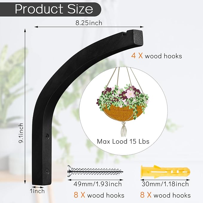 Juexica 4 Pcs Plant Hanger Wooden, 8 Inch Hanging Plant Hooks for Indoors and Outdoor, Wall Mounted Hanging Hook Brackets for Planters Lanterns Wind Chimes and Bird Feeders Patio Decor(Black) Juexica