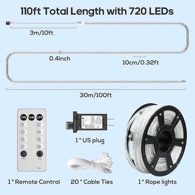 100Ft 720 LED Rope Lights Outdoor Waterproof with Remote, 8 Modes and 4 Brightness Rope Lights for Outside, Garden, Patio, Pool, Bedroom, Party, Indoor Outdoor Decoration (Cool White) Soiarllt