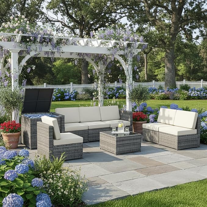 Tangkula 8 Pieces Wicker Patio Furniture Set with Storage Deck Box, PE Rattan Outdoor Sectional Sofa Conversation Set with Coffee Table & Cushions, Outside Furniture for Garden Yard Poolside (White) TANGKULA