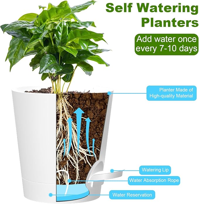 Self Watering Pots, 7/6.5/6/5.5/5/4 inch Flower Pots with Multi Mesh Drainage Holes, Small Platic Planters for Indoor Outdoor Garden Plants and Flowers (White, 7"+6.5"+6"+5.5"+5"+4") Rootora