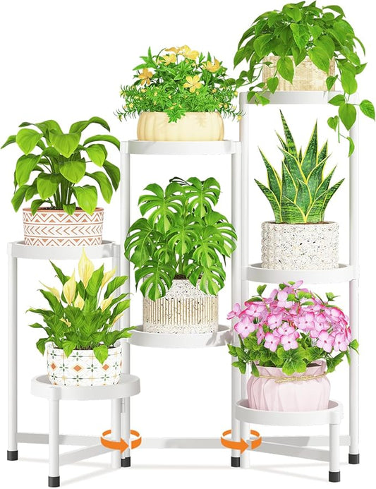 LASZOLA 7 Tiered Folding Plant Stand Indoor for Multiple Large Planter, Tall Heavy Duty Adjustable Rack with Rust Proof Plastic Shelving, Sturdy Vertical Tree Organizer for Narrow Inside Floor, White LASZOLA