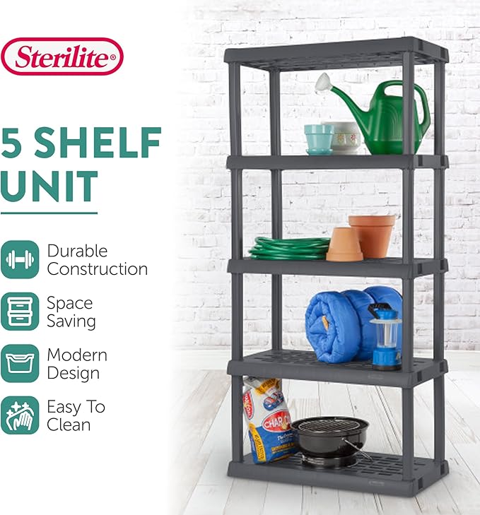 Sterilite 2-Pack 5 Shelf Unit, Heavy-Duty Shelving Storage Rack for Home and Garage, Gray - Multipurpose Plastic Organizer Shelves for Smart Organization Sterilite