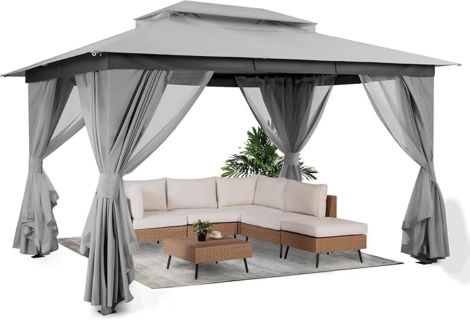 LAUSAINT HOME Semi-Permanent Outdoor Patio Gazebo 10'x13', Heavy Duty Party Tent Shelter with Double Roofs, Mosquito Nettings and Privacy Screens for Backyard, Garden, Lawn, Gray LAUSAINTHOME