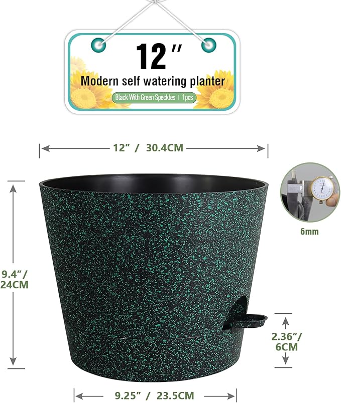 12 inch Large Self Watering Pots for Indoor Outdoor Plants, Flower Plant Pots with Mesh Drainage Holes for Garden, Plastic Planters with Reservoir for Home Plants, Black with Green Speckles Meowell