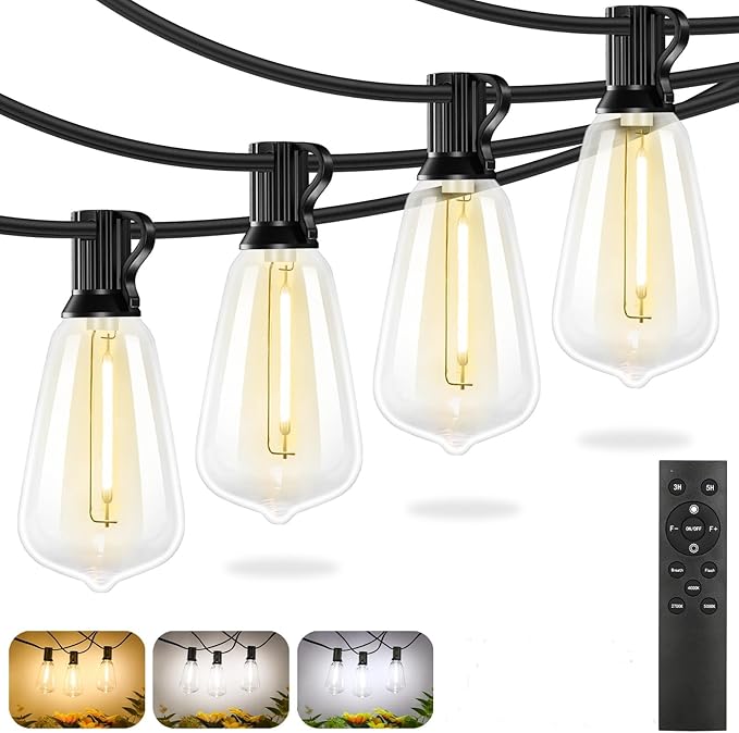 Brightever 60FT Outdoor String Lights with Remote, 3 Color in 1 LED String Lights for Outside with 19 Shatterproof ST38 LED Bulbs, 3 Modes 2 Timer Outside Lighting for Patio, Deck, 2700K/4000K/5000K Brightever