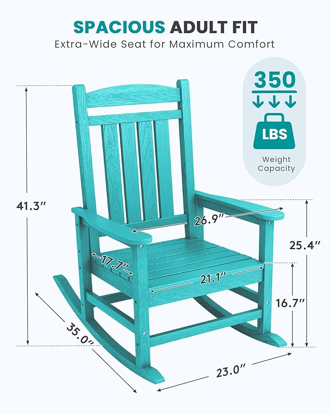SERWALL Oversized Outdoor Rocking Chair, All-Weather Patio Rocking Chair, HDPE Porch Rocker for Adults, Aruba Blue SERWALL