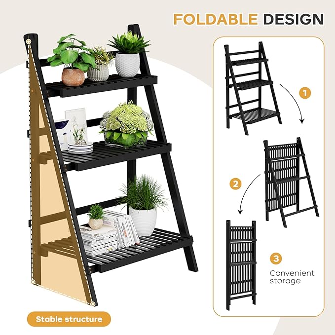 39.4" Foldable Plant Shelf Ladder Shelf, 3 Tier Bamboo Ladder Flower Pot Display Shelf, Freestanding Ladder Bookshelf for Garden, Balcony, Yard, Living Room, 23.6" W x 15" D x 39.4" H, Black OAKVIVOElegantLifestyle