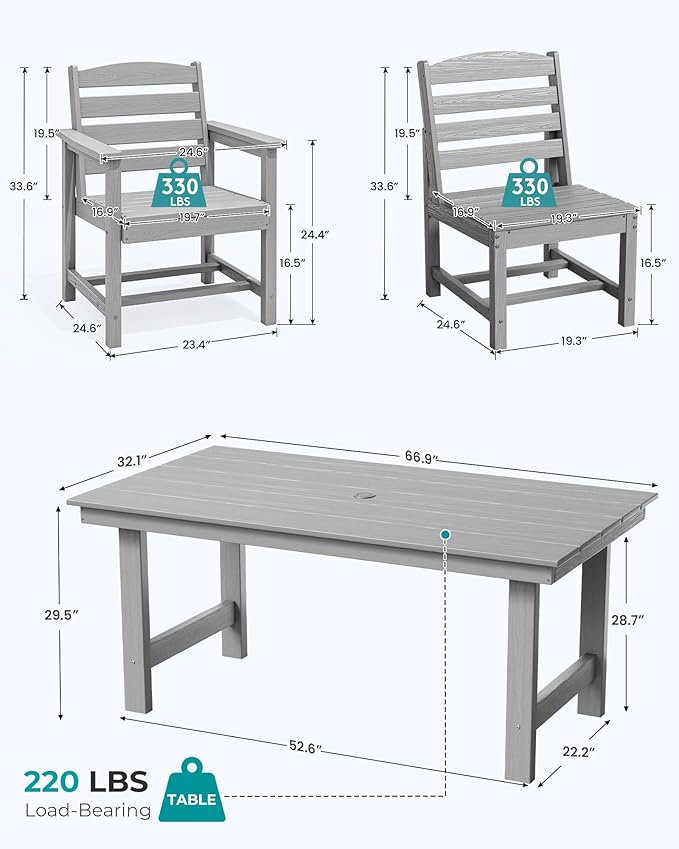 SERWALL Patio Dining Sets for 6 Person, HDPE Dining Set with 6 Armless Chairs, Light Gray SERWALL