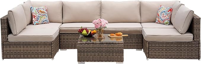 7 Pieces Patio Furniture Set - All-Weather Outdoor Wicker Sectional Conversation Sofa, Rattan Patio Seating Sofa Set with Cushion and Glass Table for Porch Poolside, Brown/Beige ZJEYEJZ
