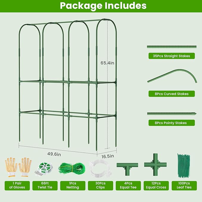2 Pack 65in Tall Cucumber Trellis for Raised Bed, 50" L x 65" H Metal Garden Trellis for Climbing Plants Outdoor, U-Shape Vegetables Trellis Support for Squash Zucchini ZPMOCKAQ