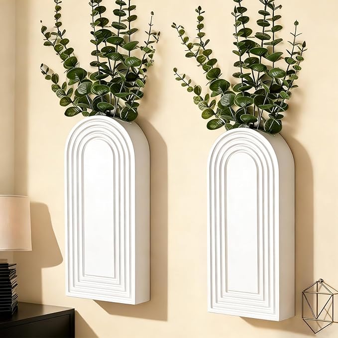 2 Pack Wooden Wall Vase Set, Boho Hanging Planter for Indoor Plants & Flowers, Wood Wall-Mounted Planters for Living Room, Modern Farmhouse Entryway or Bathroom, Rustic Art for Home (White) Rootora