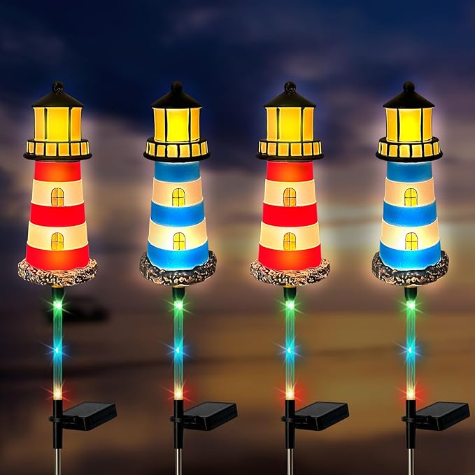 4 Pack Lighthouse Solar Lights,7 Light Color Changes,IP65 Waterproof Solar Pathway Lights for Garden,Lawn,Outdoor Lighthouse Decor HokfirmHomeDecorGarden