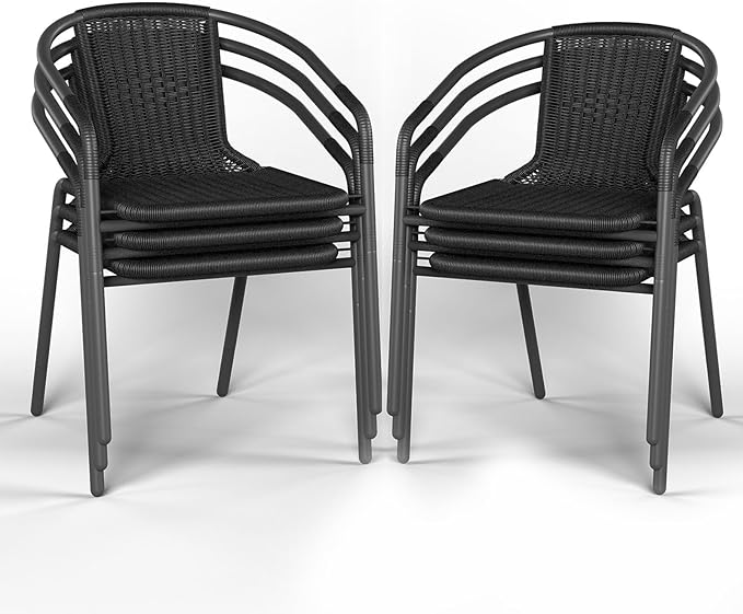Amopatio Outdoor Dining Chairs Set of 6, Rattan Patio Chairs Wicker, Stackable Indoor-Outdoor Chair, Bistro, Deck, Yard, Porch, Restaurant Stack Chairs, Black Amopatio