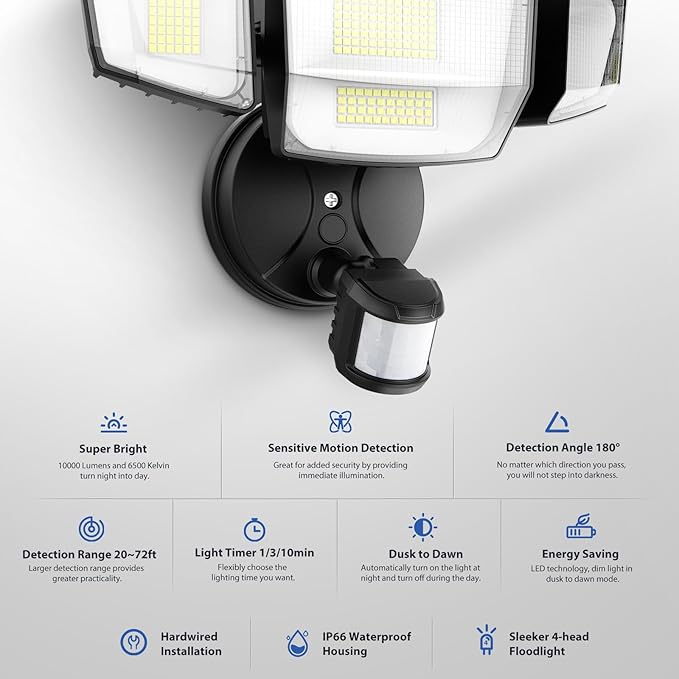 Onforu 90W 10000LM LED Motion Sensor Outdoor Lights, 4-Head Dusk to Dawn Outdoor Lighting, Hardwired Flood Lights, IP66 Waterproof 6500K Security Floodlight for Outside (Black) Onforu