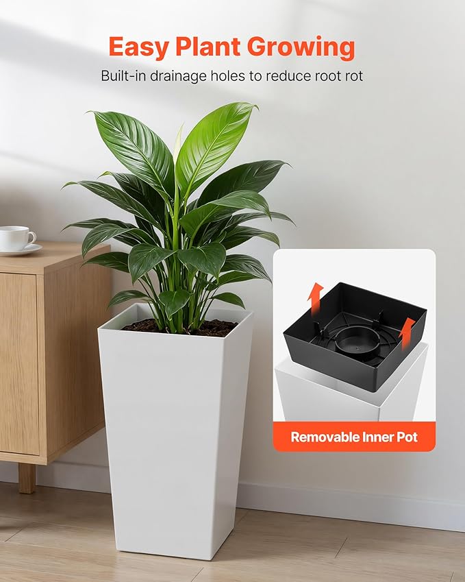 VEVOR Set of 2 Tall Planters for Outdoor Plants 22 inch, White Tall Planter for Indoor Plants, Modern Planters for Front Porch Patio Balcony, Plant Container Flower Pots with Built-in Drainage VEVOR