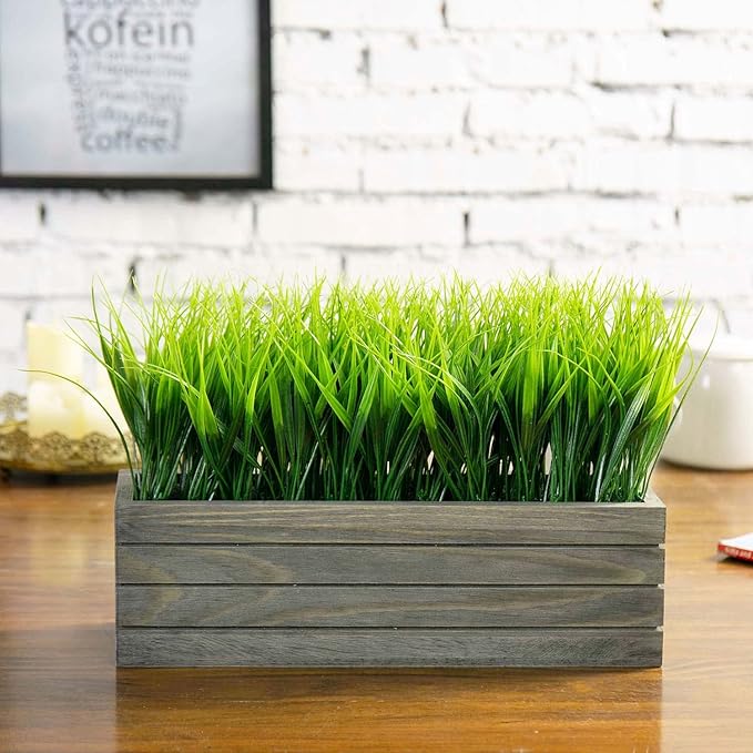 MyGift 14 Inch Artificial Green Grass Plant in Vintage Gray Wood Planter Window Box, Faux Greenery in Decorative Rectangular Crate Style Wooden Container MyGiftHome