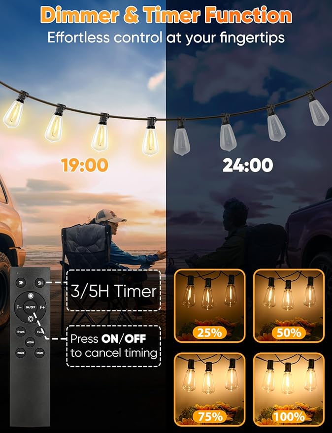 Brightever 3 Color in 1 LED Outdoor String Lights with Remote, 120FT Patio Lights Outdoor Waterproof with 38 Vintage Edison Bulbs, 3 Modes 2 Timer Dimmable String Light for Outside, 2700K/4000K/5000K Brightever