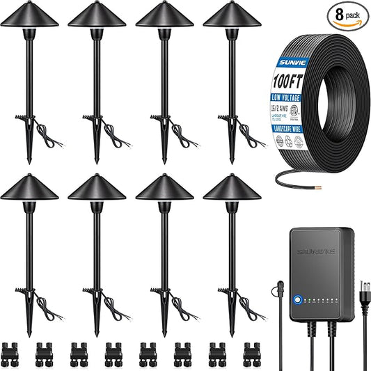 SUNVIE All-In-One LED Low Voltage Landscape Lighting Kit, 8 Pack Pathway Lights with Connector Transformer and 100FT Low Voltage Wire, 3000K Landscape Lighting for Path Walkway Garden Yard SUNVIE