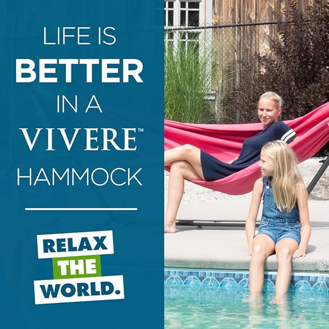 Vivere Double Polyester Hammock with Space Saving Steel Stand and Premium Carry Bag - 450 lb Capacity (Hot Pink) Vivere