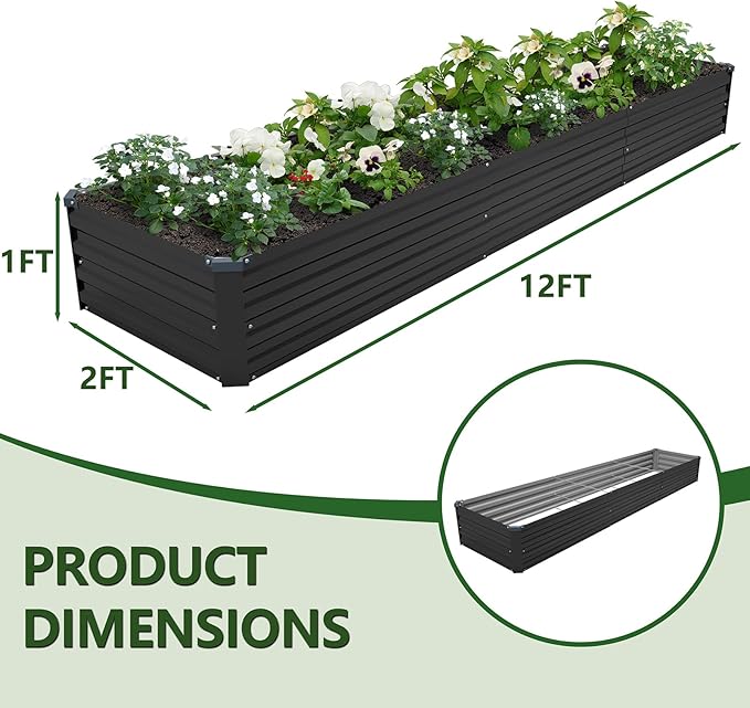 12×2×1FT(2PCS) Galvanized Raised Garden Bed Kit, Metal Planter Boxes,Large Outdoor Planters Garden for Planting Vegetables,Flowers,Herbs -Black ZUNUDA