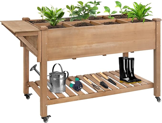 Raised Garden Bed with Lockable Wheels Mobile Elevated Wood Planter,Storage Shelf, Protective Liner,55.5x24x32in (Brown) Ketive