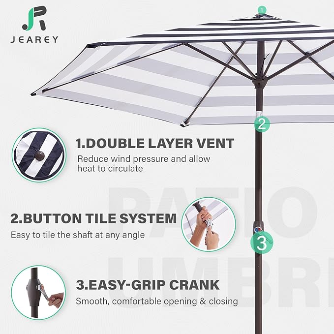 JEAREY 7.5FT Patio Umbrella Outdoor Market Umbrella with 6 Sturdy Ribs, Push Button Tilt/Crank Table Umbrella for Garden, Deck, Backyard and Pool, Black & White Stripe JEAREYOutdoorsCollection