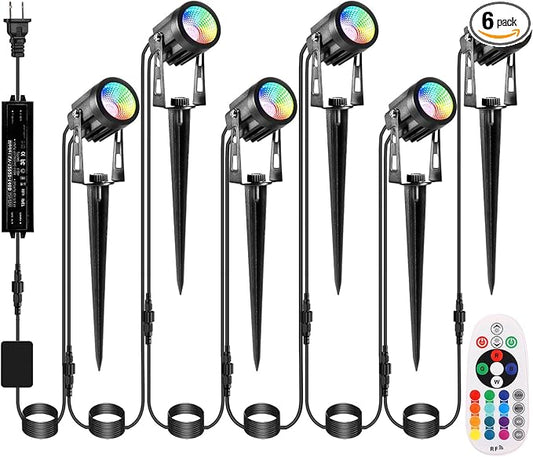 Outdoor Landscape Lighting, 6 Pack RGB Outdoor Spot Lights with Transformers and Remote, 12V Low Voltage Color Changing Landscape Lights IP65 Waterproof Plug in Outdoor Uplights for Yard House Tree IRISECO