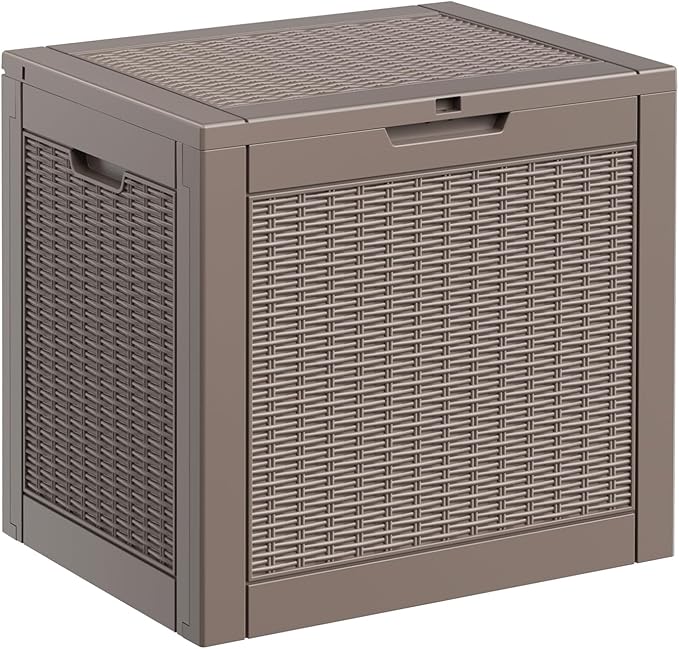 ROJIK Outdoor Storage Housing Deck Box - Waterproof Patio Furniture, Garden Tools, Cushions, Pool Accessories Storage Bench with Lockable Lid and Side Handles (Grey Rattan, 30 Gal) ROJIK