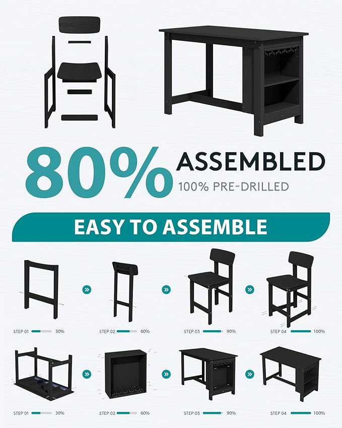 SERWALL Outdoor Bar Table and Chairs Set, 5-Piece HDPE Counter Height Patio Dining Sets with Storage and Wine Rack, Rectangular High Top Bar Table with 4 Bar Stools for Garden, Backyard, Black SERWALL
