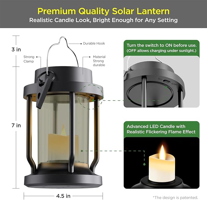 Solar Lantern Outdoor & Indoor Use – Hanging Solar Lights with Realistic Flickering Flameless Candle, Weatherproof for Gardens, Patios, Trees, and Lawns (Black + Gray, 1 Pack) Rootora