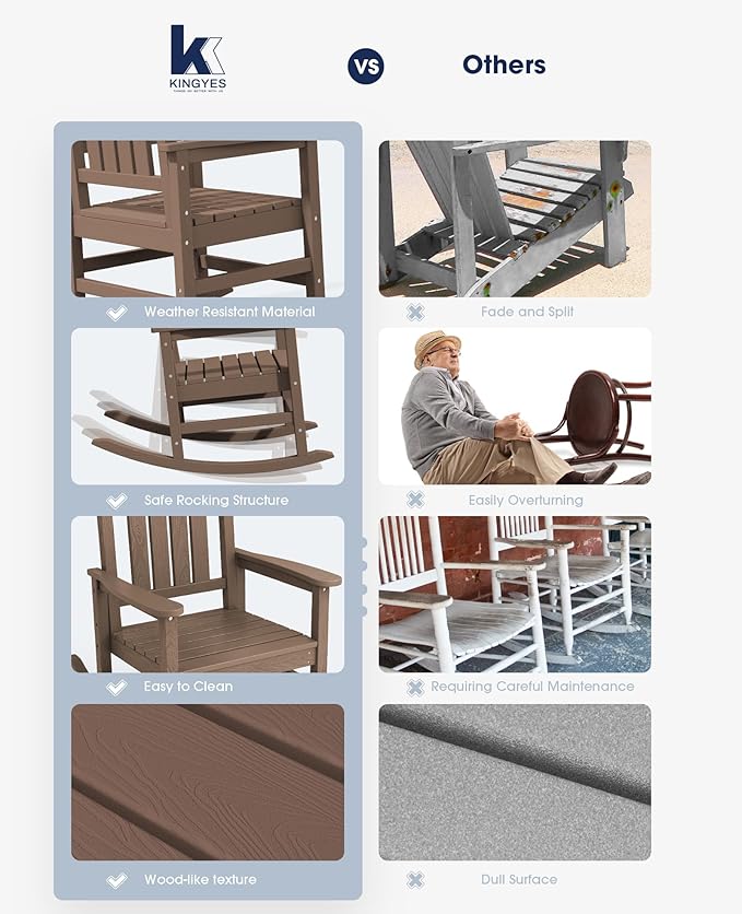 KINGYES Outdoor Rocking Chair Set of 2, High Density Polyethylene Patio Rocking Chairs with 330lbs Support for Adults, Brown KINGYES