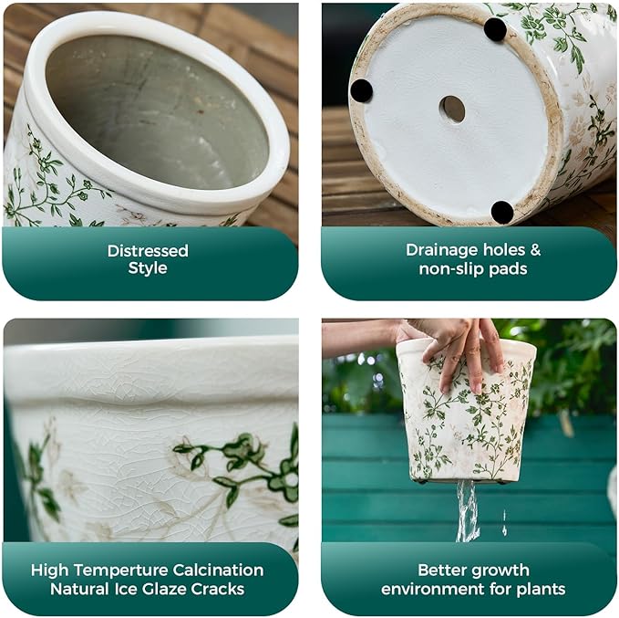 Ceramic Planter with Drainage Hole, Plastic Tray & Mesh, 6 Inch - Indoor/Outdoor Flower Pot for Orchids, Succulents, Green Floral Modern Farmhouse Décor for Home,Office and Garden, Ideal Gift TEWEIQI