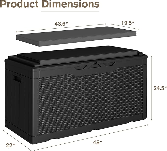 JUMMICO 100 Gallon Resin Deck Box with Cushion, Waterproof Outdoor Storage Box with Lockable Lid for Garden Tools, Patio Cushions (Black) JUMMICO