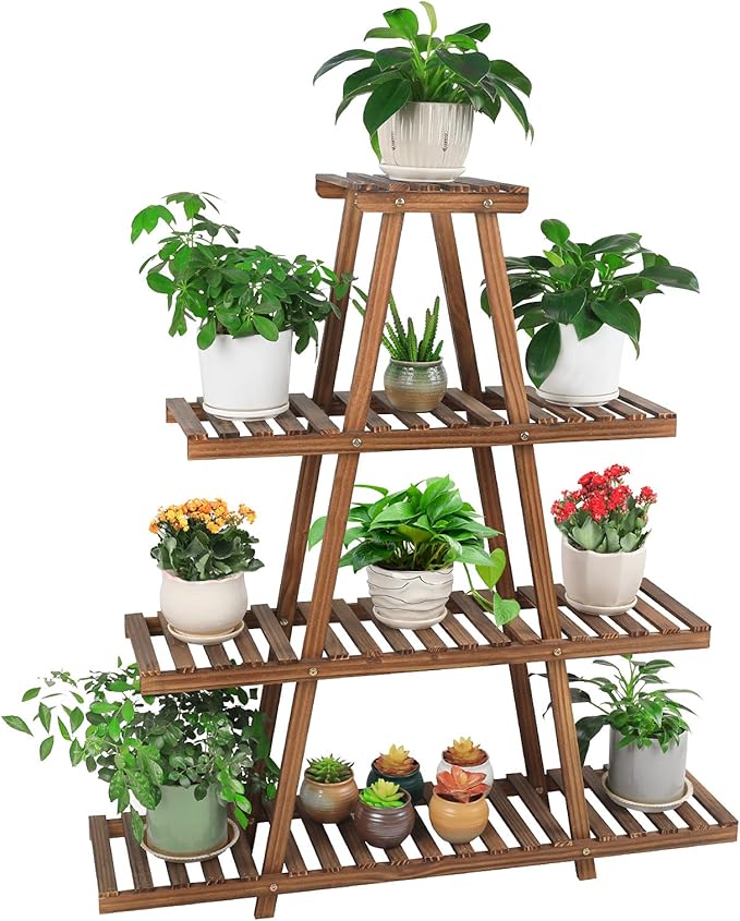 Ufine 4 Tier Wood Plant Stand Indoor Outdoor A Frame Plant Display Shelf for Multiple Plants Flower Pot Holder Rack, Living Room Balcony Patio Ufine