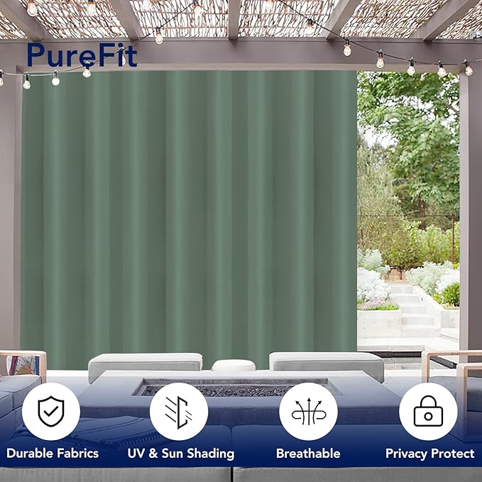 PureFit Outdoor Curtains for Patio Waterproof Weatherproof, UV Resistant Outside Curtains for Gazebo, Front Porch, Pergola, Sun Blocking Privacy Curtain, 120W x 84L inch, 1 Panel, Sage Green PureFit