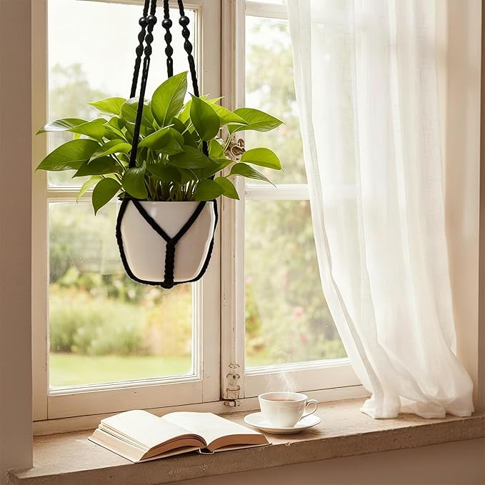Macrame Plant Hanger, Up to 4-15 inch Pots, Wood Beads Cotton Hanging Planter Holder for Indoor Outdoor Boho Home Decor, 35 Inch, Set of 2 (Black) Rootora