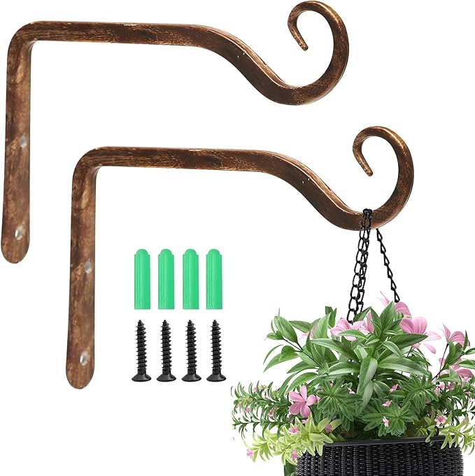 Jardim 2 Pack 6 Inch Premium Decorative Metal Iron Wall Hook, Indoor Outdoor Plant Hanger, Rustic Hanging Gardening Bracket Hook, for Planters, Bird Feeders, Lanterns, Wind Chimes (Coffee) Jardim