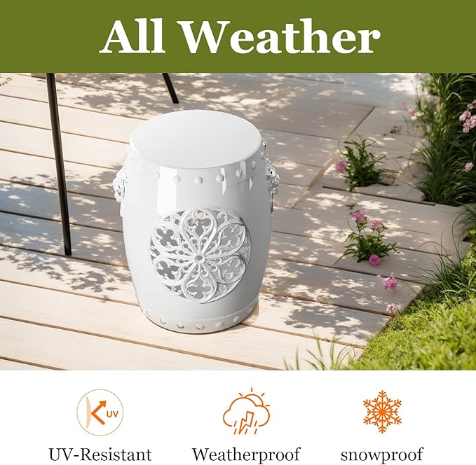 EFU Resin Garden Stool Indoor Outdoor,Decorative Antique Classic-Like Appearance, Waterproof UV Resistant Lightweight Sturdy,for Living Room, Garden Room, Patio(White) Rootora