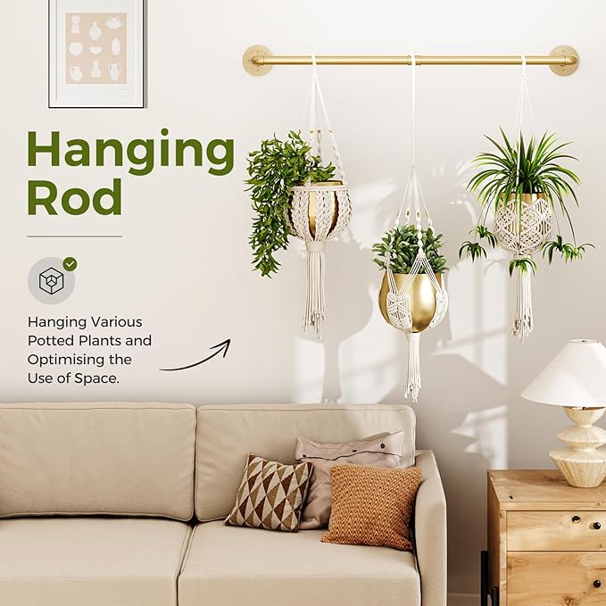 Bamworld Hanging Planters for Indoor Plants Plant Hanger Indoor Hanging Plant Rod 36.2in Window Plant Shelves Metal Rod Pot/Chains Not Included (Gold) Bamworld