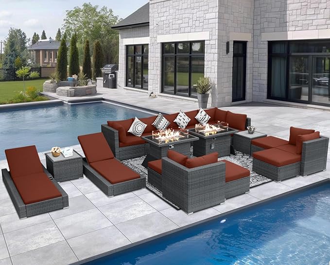 NICESOUL 18 Piece Outdoor Patio Furniture Set with Fire Pit and Chaise Lounge, 500 lbs High Weight Capacity Outdoor Sectional with Fire Pit, 14-Seat Deep Seating Sectional, Grey & Burgundy NICESOUL