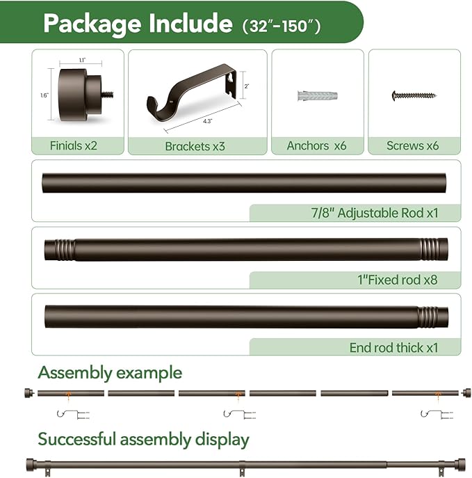 Curtain Rods for Windows 72 to 144, 1 Inch Adjustable Heavy Duty Long Window Drapery Rods with End Caps, Indoor Outdoor Curtain Rod for Patio Bedroom, Size 32" - 150", Antique Bronze TimeForest