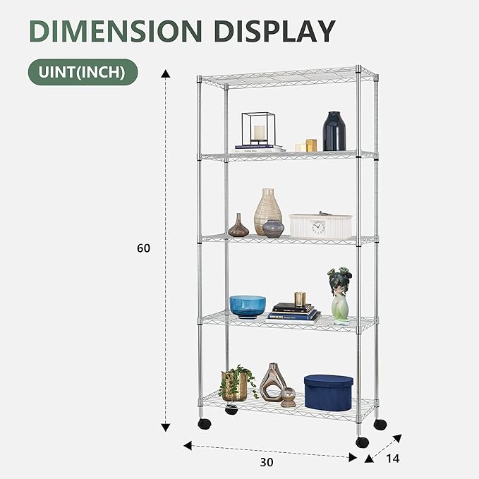 BestOffice | 5-Tier Wire Storage Shelves with Wheels | 14x30x60 | Chrome | Adjustable Racks | Heavy-Duty Metal Shelf, Holds Upto 220 lbs | No-Tool Assembly | Ideal for Home & Garage Shelving BestOffice
