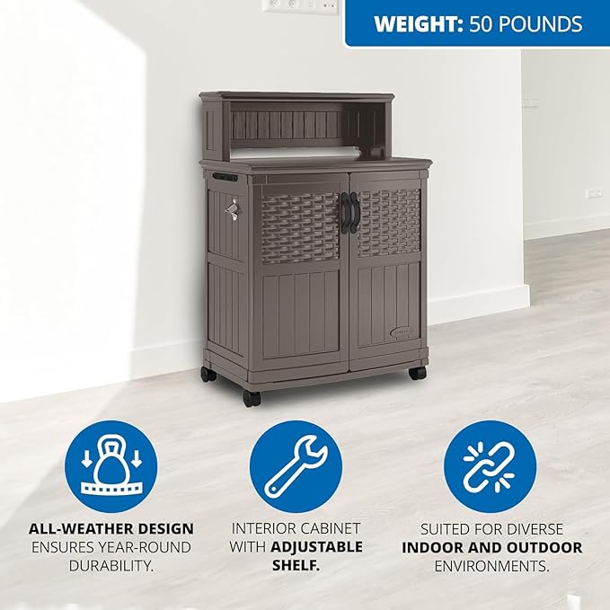 Suncast Patio Plastic Storage and Prep Station with Decorative Wicker Pattern and Multi Wall Panels for Patio, Garden, and Lawn Use, Stoney Gray Suncast