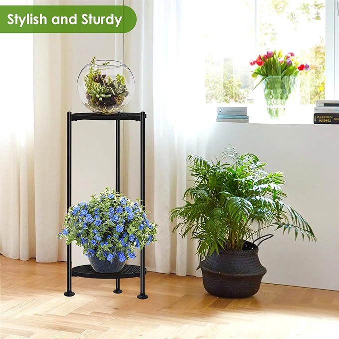 Plant Stand Indoor Outdoor, 30'' Tall Plant Stands for Indoor Plants, Heavy Duty Indoor Plant Shelf, 2 Tier Display Rack for Living Room, Balcony, Deck, Black Lilybud--lily