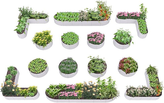 A ANLEOLIFE Set of 14, 18 Inch Tall Raised Garden Beds Kit, Heart-Shaped, Large Oval & Round Metal Planters – Ideal for Backyard Vegetables Flowers Herbs, Antique White AAnleolife